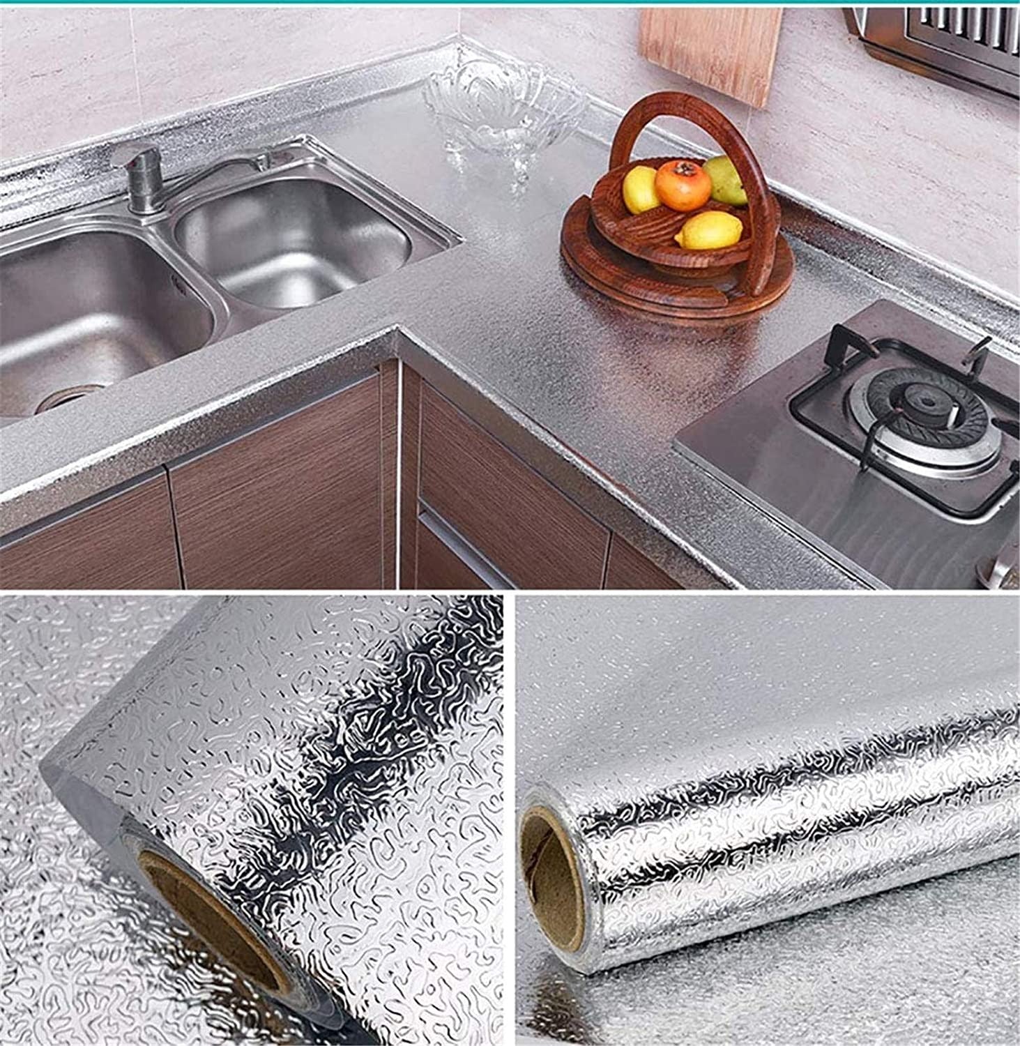 Silver Foil Kitchen Sticker | Waterproof, Oil-Proof & Heat-Resistant Aluminum Foil Wallpaper (1.97 × 6.56 ft)